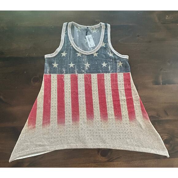 Vocal Apparel American Flag Red White Blue Stars Stripes Taupe Tank Top Womens S - Picture 4 of 7